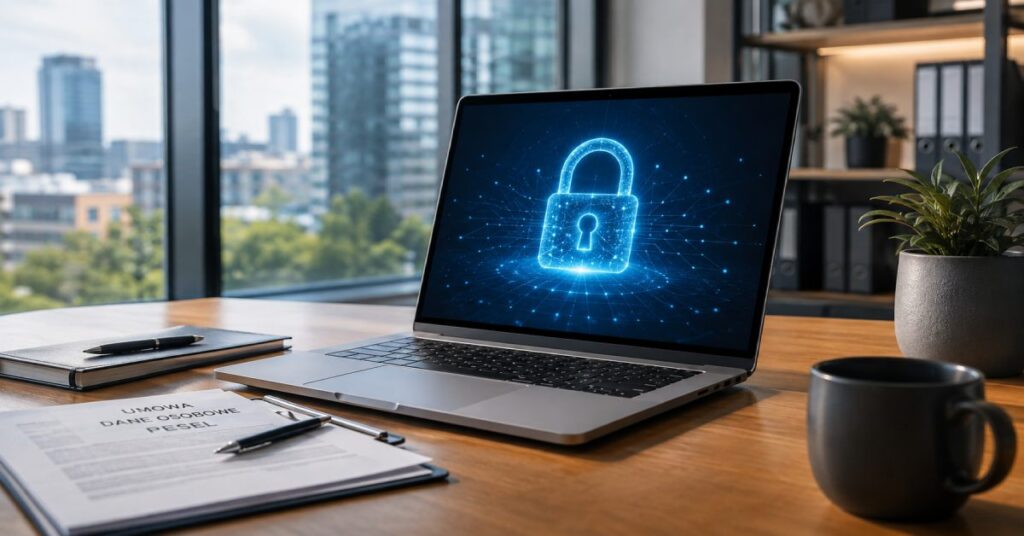 Bezpieczny laptop biurowy z symbolem kłódki gwarantujący odpowiednią prywatność danych w AI.