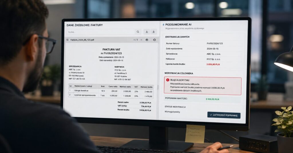 Przeszkolony analityk weryfikujący błędy asystenta chroniący firmową prywatność danych w AI.