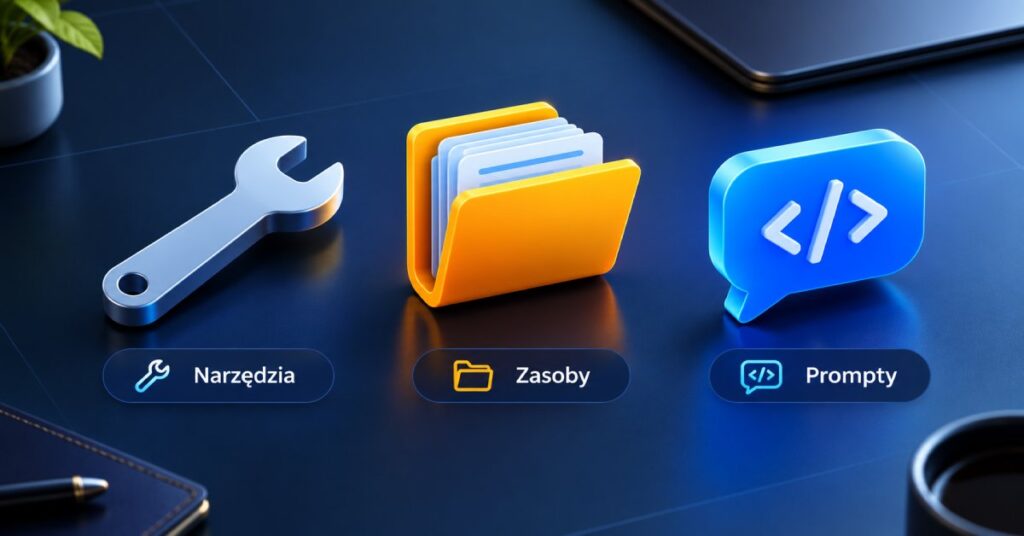 Trzy filary działania protokołu Model Context Protocol: Narzędzia, Zasoby i Prompty.