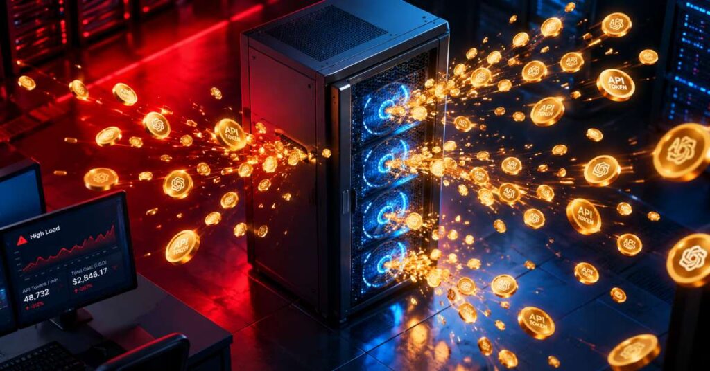 Ulatujące cyfrowe tokeny ilustrujące wyzwania technologiczne i to, jak mierzyć efektywność wdrożenia AI.