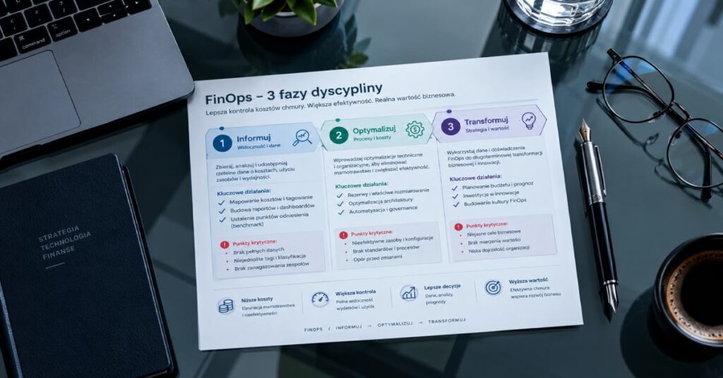 Wydrukowany schemat trzech faz kontroli ułatwiający zrozumienie, jak mierzyć efektywność wdrożenia AI.