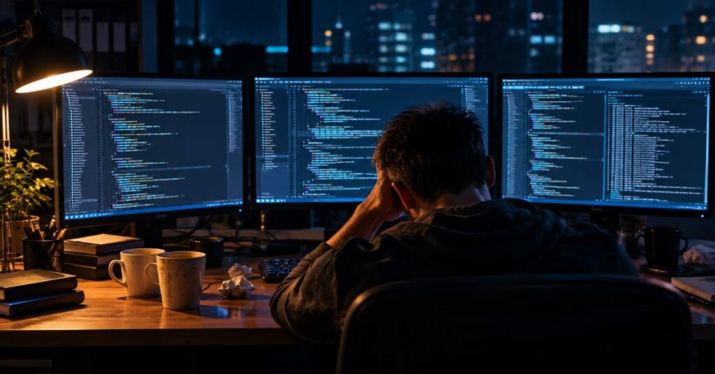 Zmęczony programista pracujący nad kodem open-source generujący dodatkowe ukryte koszty korzystania z AI.